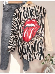 Chemise oversize, fluide, beige avec motifs zèbre et langue Rolling Stones