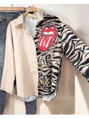 Chemise oversize, fluide, beige avec motifs zèbre et langue Rolling Stones