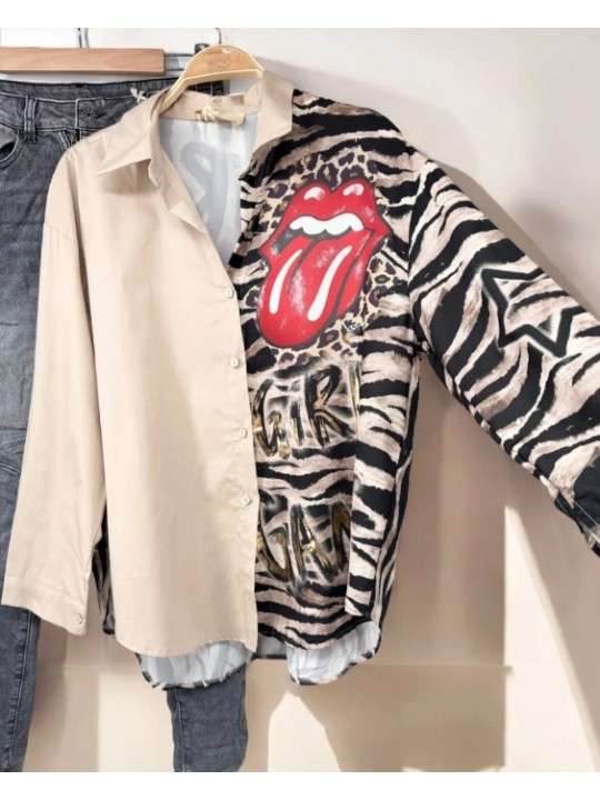 Chemise oversize, fluide, beige avec motifs zèbre et langue Rolling Stones