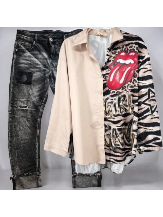 Chemise oversize, fluide, beige avec motifs zèbre et langue Rolling Stones