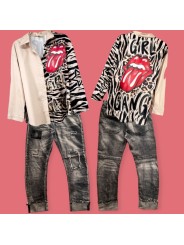 Chemise oversize, fluide, beige avec motifs zèbre et langue Rolling Stones