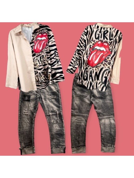 Chemise oversize, fluide, beige avec motifs zèbre et langue Rolling Stones