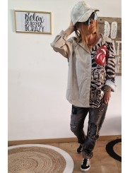 Chemise oversize, fluide, beige avec motifs zèbre et langue Rolling Stones