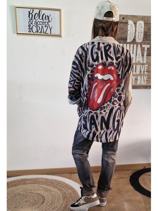 Chemise oversize, fluide, beige avec motifs zèbre et langue Rolling Stones