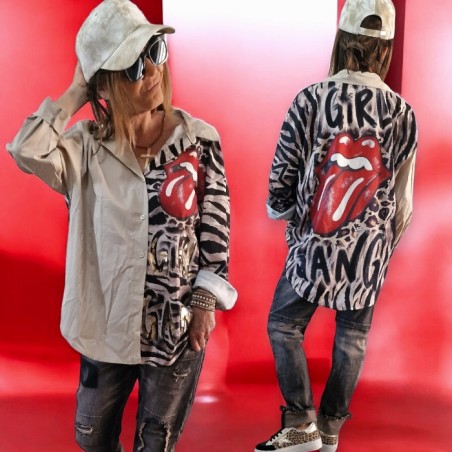 Chemise oversize, fluide, beige avec motifs zèbre et langue Rolling Stones