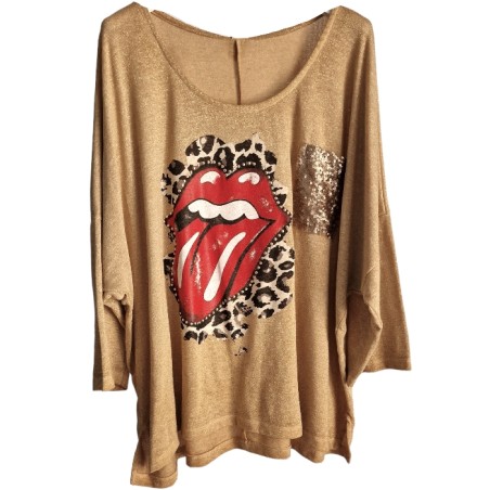 Pull fin oversize en maille lurex doré, motif Rolling Stones sur fond léopard.