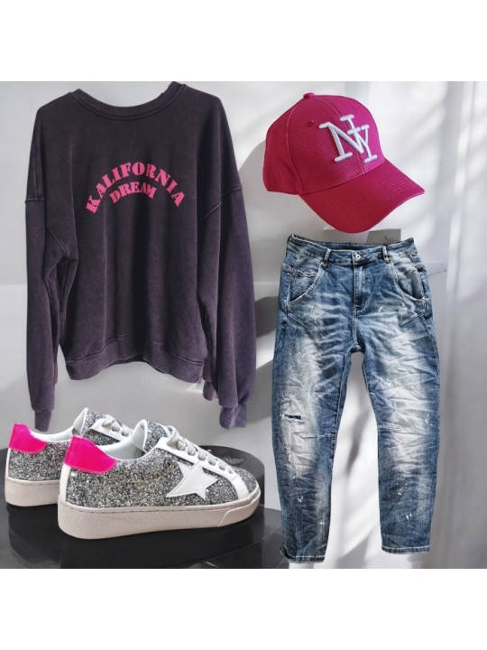 Sweat gris anthracite, écriture KALIFORNIA DREAM rose fluo.