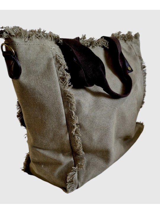 Sac cabas tissus toile taupe. THE TOTE BAG écrit en blanc.