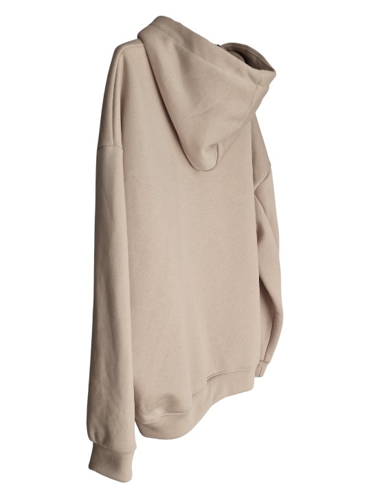 Sweat capuche beige, épais, cocoon, motif "C'EST BON" en bouclette taupe.