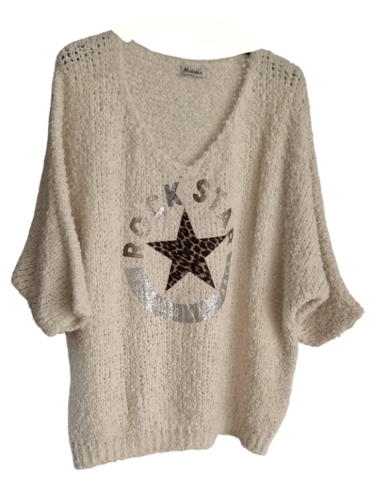 Pull doudou blanc cassé motif ROCK STAR PAILLETTES argent, doré, bronze et son étoile léopard.