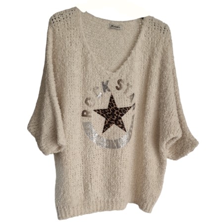 Pull doudou blanc cassé motif ROCK STAR PAILLETTES argent, doré, bronze et son étoile léopard.