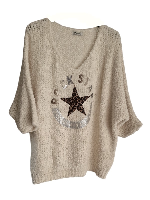 Pull doudou blanc cassé motif ROCK STAR PAILLETTES argent, doré, bronze et son étoile léopard.