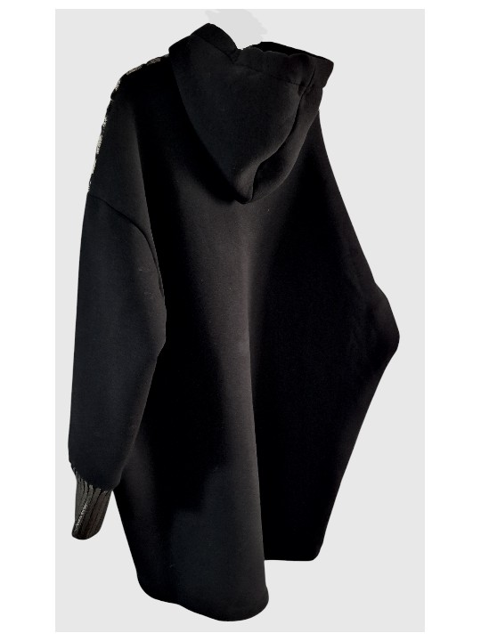 Robe sweat capuche noir, devant aspect moiré doré irrégulier. Look féminin hyper tendance