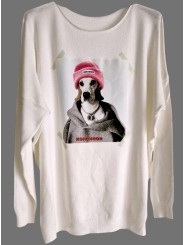 Pull blanc cassé fines mailles, motif tête de chien style Labrador et son bonnet rose fluo!