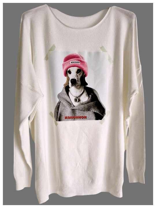 Pull blanc cassé fines mailles, motif tête de chien style Labrador et son bonnet rose fluo!