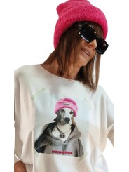 Pull blanc cassé fines mailles, motif tête de chien style Labrador et son bonnet rose fluo!