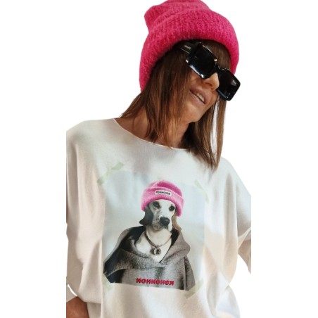 Pull blanc cassé fines mailles, motif tête de chien style Labrador et son bonnet rose fluo!