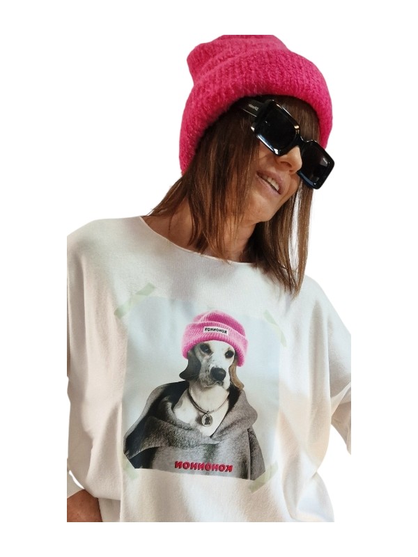 Pull blanc cassé fines mailles, motif tête de chien style Labrador et son bonnet rose fluo!