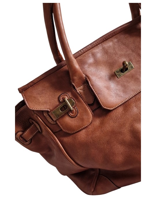 Sac cabas vintage en cuir souple camel, façon Birkin Hermès