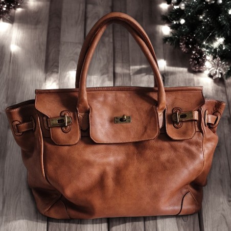 Sac cabas vintage en cuir souple camel, façon Birkin Hermès