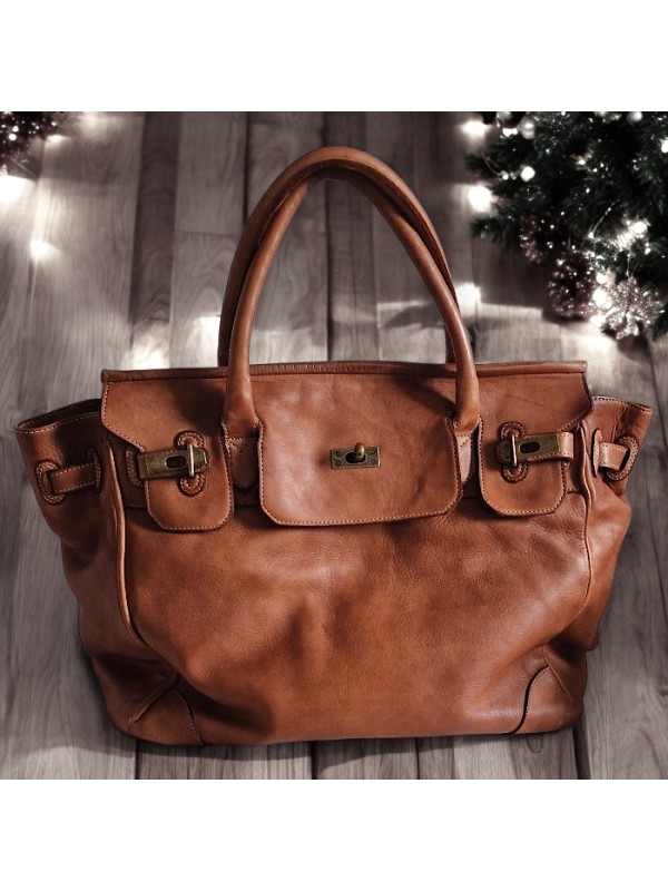 Sac cabas vintage en cuir souple camel, façon Birkin Hermès