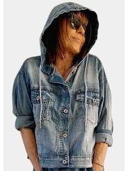 Blouson en denim délavé à capuche, loose à souhait