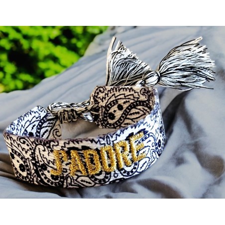 Bracelet tissus style bandana noir et blanc, resserrable avec deux pompons, j'adore brodé doré