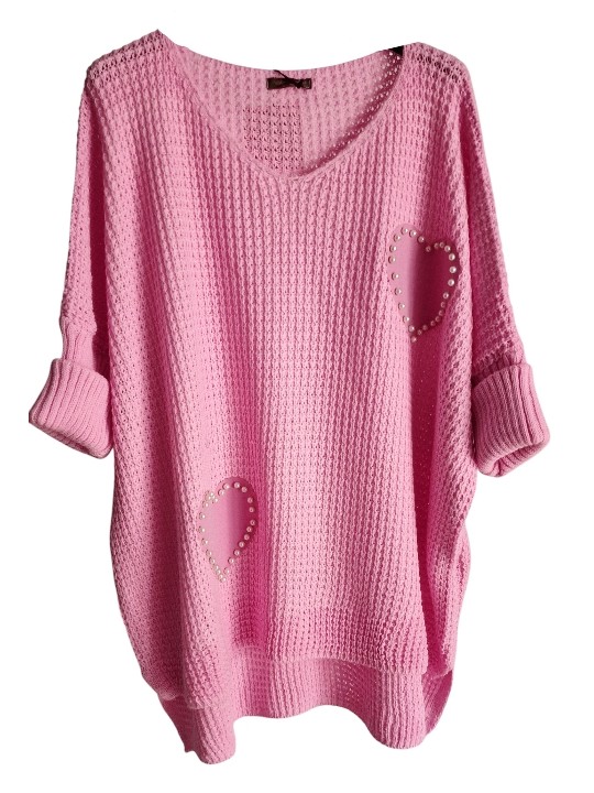 Pull OVERSIZE nid d'abeilles rose bonbon, cœurs rose ornés de perles blanches.