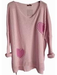 Pull OVERSIZE nid d'abeilles rose baby, cœurs rose ornés de perles blanches.