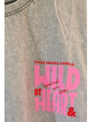 T-shirt gris effet délavé motif WILD HEART rose fluo resto/verso