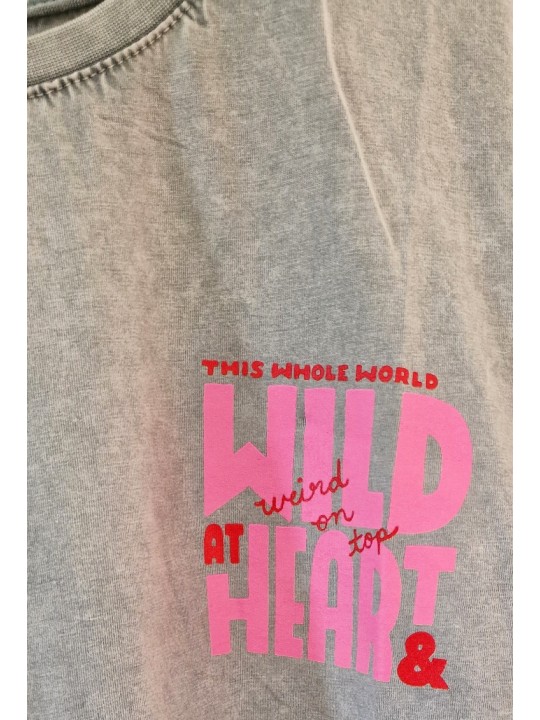 T-shirt gris effet délavé motif WILD HEART rose fluo resto/verso