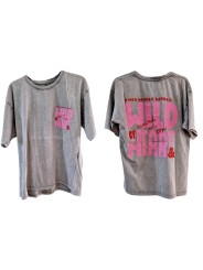 T-shirt gris effet délavé motif WILD HEART rose fluo resto/verso