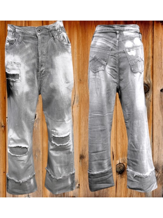 Jean "regular" gris stone washed qui se portera baggy, effet d'usures travaillées, coupe LOOSE et ses maxi revers.