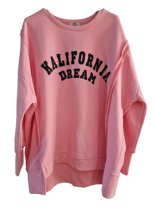 Sweat rose baby, inscriptions KALIFORNIA DREAM en glitters noirs.