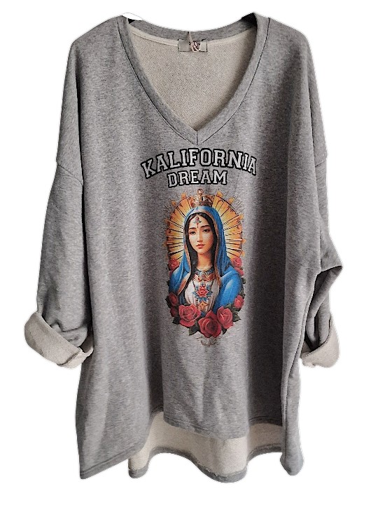 Sweat oversize gris de chez Kalifornia Dream, motif Madone devant