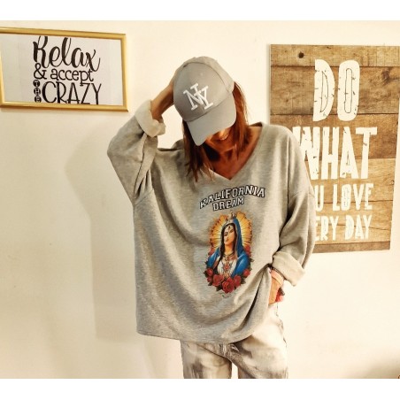 Sweat oversize gris de chez Kalifornia Dream, motif Madone devant